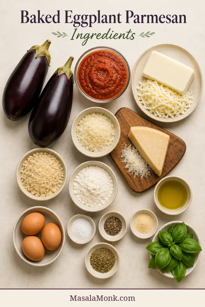 Eggplants, marinara, mozzarella, Parmesan, panko, flour, eggs, olive oil, basil and seasonings arranged overhead.
