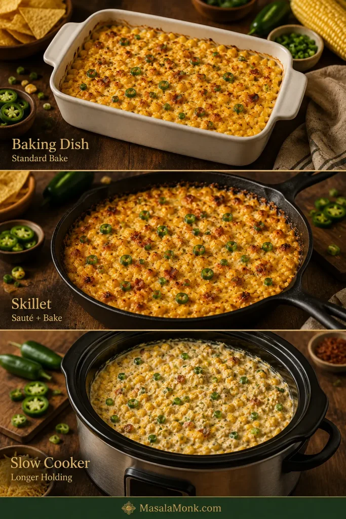 Three-way comparison of jalapeño corn dip in a ceramic baking dish, cast-iron skillet and slow cooker; the baked versions are browned while the slow-cooker version remains creamy.
