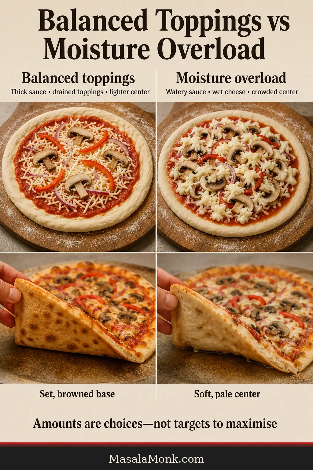 Balanced pizza toppings with a browned supported base compared with an overloaded pizza whose pale center bends beneath wet toppings.