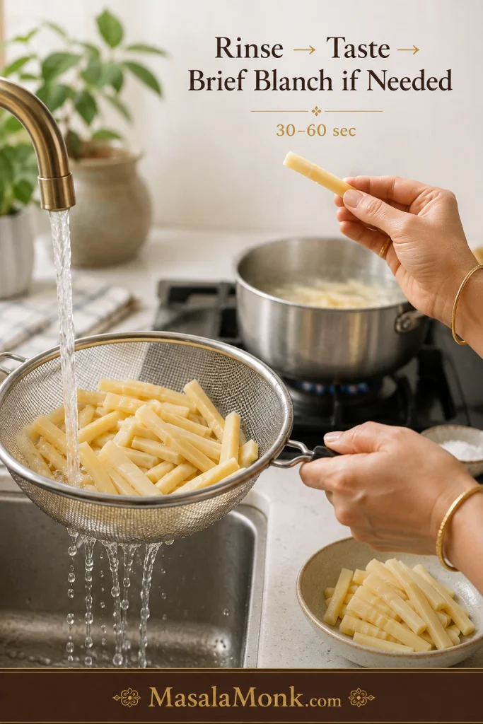 Bamboo strips being rinsed under water in a mesh strainer, one strip held for tasting, with a saucepan of bamboo in the background for a brief 30-to-60-second blanch.