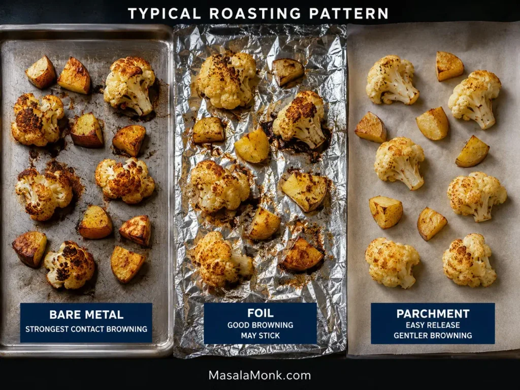 Roasted cauliflower and potato pieces on bare metal, aluminum foil and parchment, showing progressively gentler contact browning.