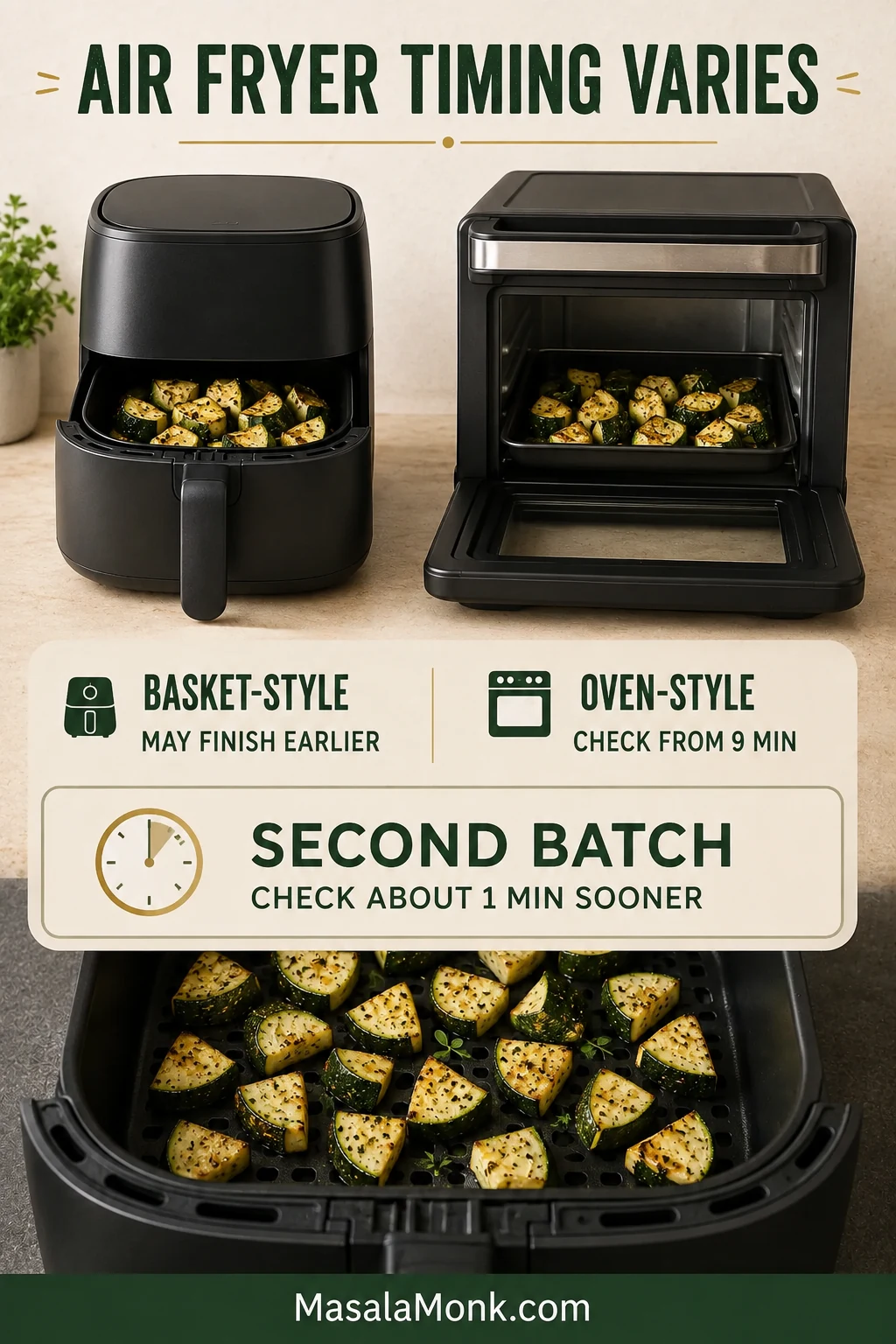 Timing guide comparing a basket-style air fryer, an oven-style air fryer and a second batch cooked in an already heated basket.