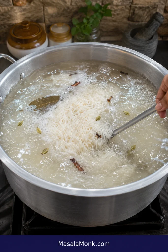 Long basmati rice boiling freely in abundant water with bay leaf, cardamom, cloves and cinnamon in a wide pot.