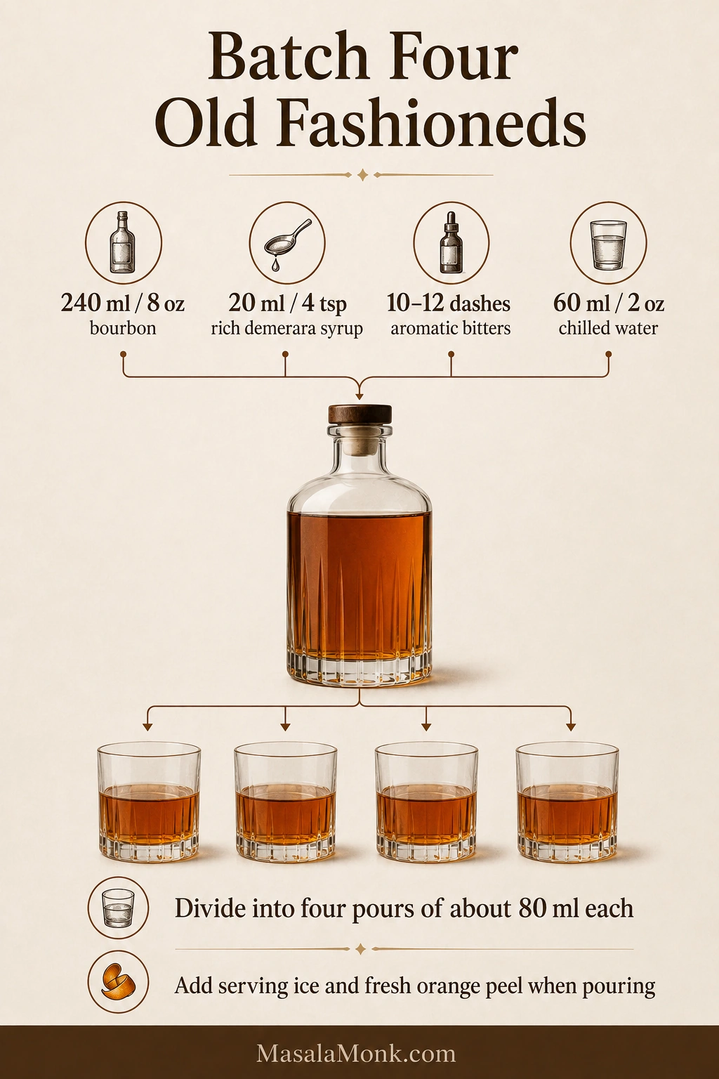 Four-drink Old Fashioned batch guide showing bourbon, rich demerara syrup, aromatic bitters, chilled water, a bottle, and four pours.