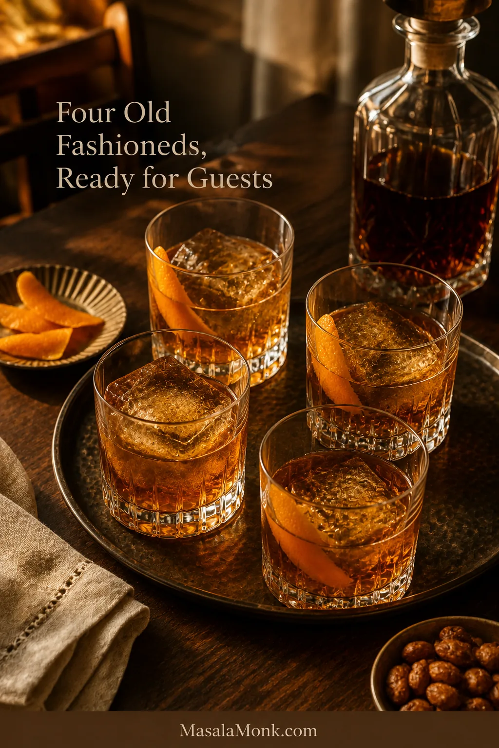 Four matching Old Fashioned cocktails on a serving tray beside a batch bottle, prepared orange peels, linen, and roasted nuts.