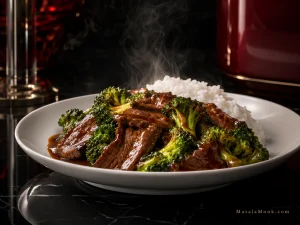 Finished beef and broccoli stir-fry with browned beef strips and bright green broccoli coated in glossy brown sauce, served with white rice.
