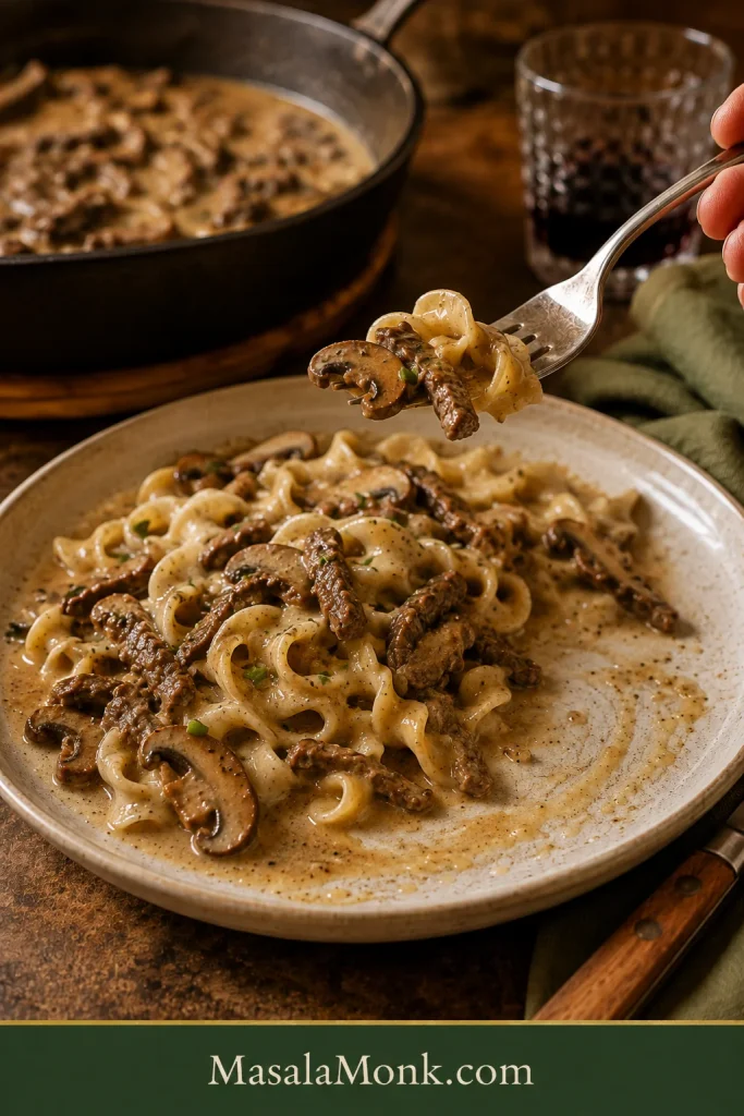 Partially eaten plate of Beef Stroganoff as a fork lifts a bite with one thin beef strip, a browned mushroom slice, a fold of wide egg noodle and glossy tan sauce.