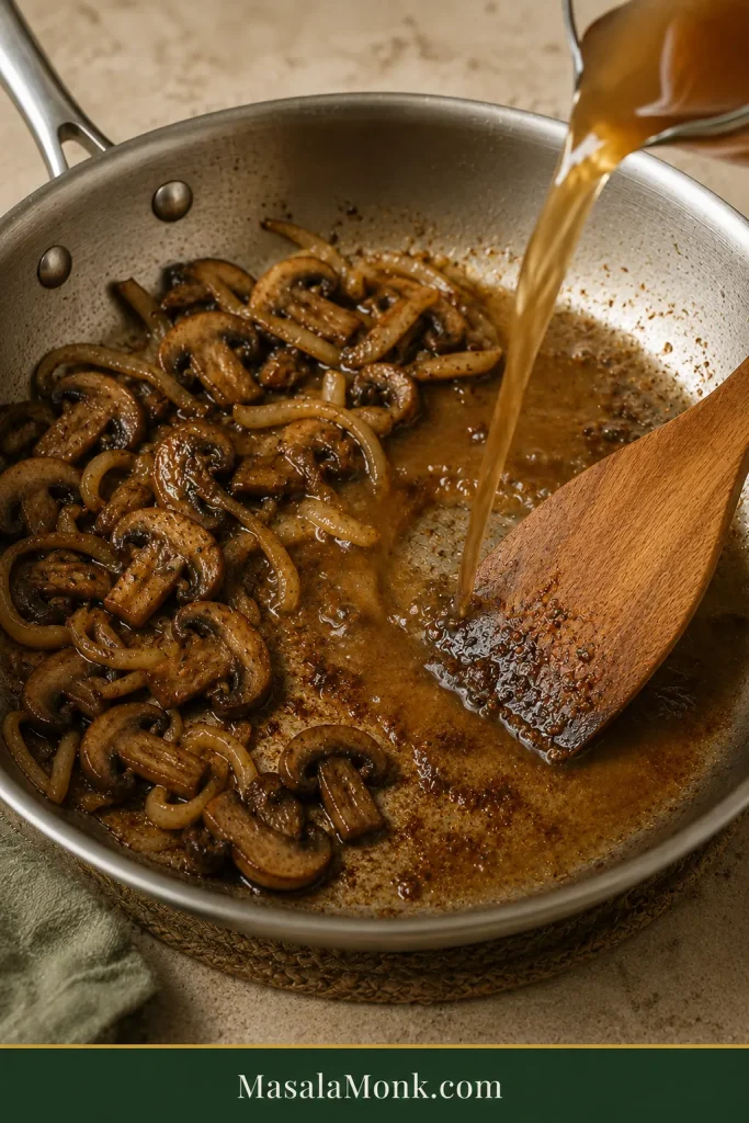 Beef broth being poured into a stainless skillet with browned mushrooms and onions while a wooden spatula loosens browned fond from the pan.