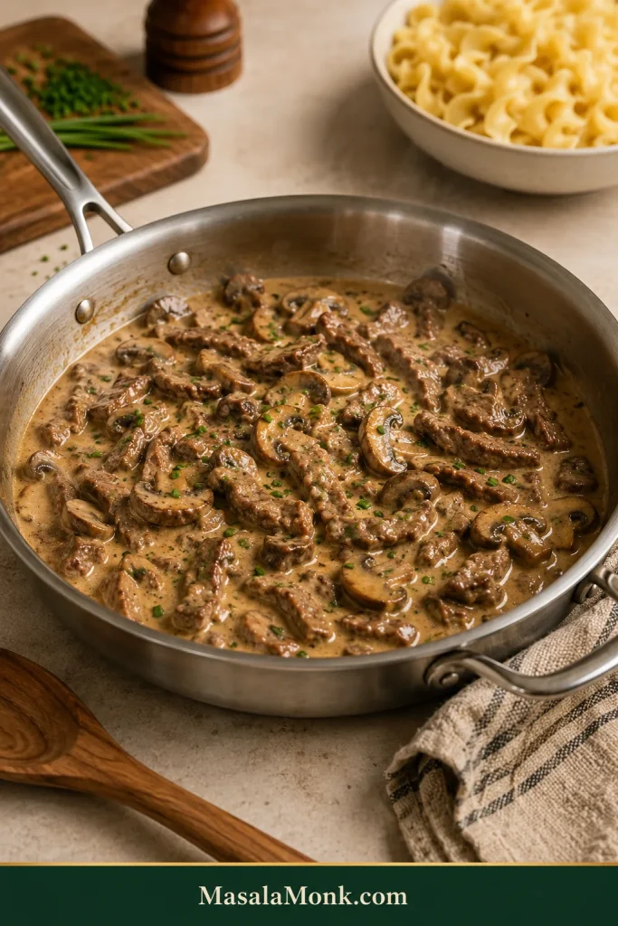Finished Beef Stroganoff in a stainless steel skillet with thin beef strips and browned mushrooms in glossy tan sauce; wide egg noodles are kept separately nearby.