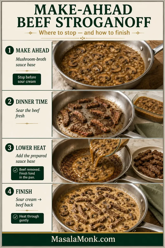 Four-step make-ahead guide showing mushroom-broth sauce prepared without dairy, fresh beef seared separately, sauce base reheated in the skillet, then sour cream added and beef returned.