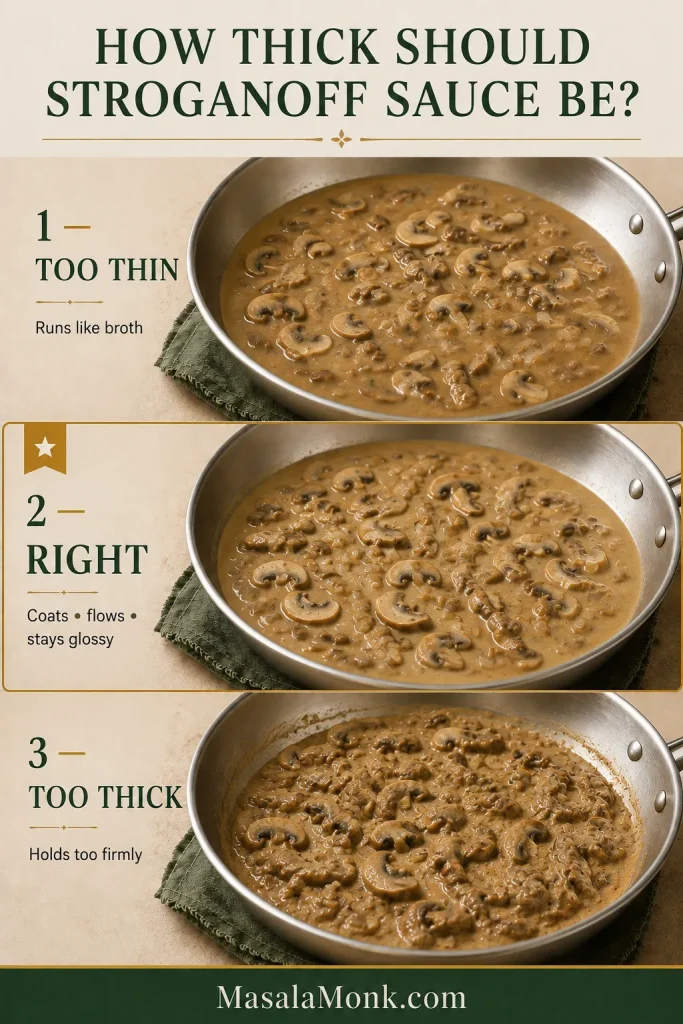 Three skillets comparing thin, correct and overly thick mushroom sauce, with the correct sauce glossy and fluid around the mushroom slices.