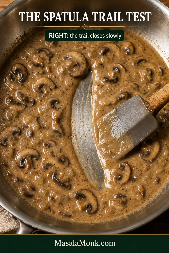 Wooden spatula drawn through glossy mushroom sauce in a stainless skillet, creating a clear path that is beginning to flow closed.