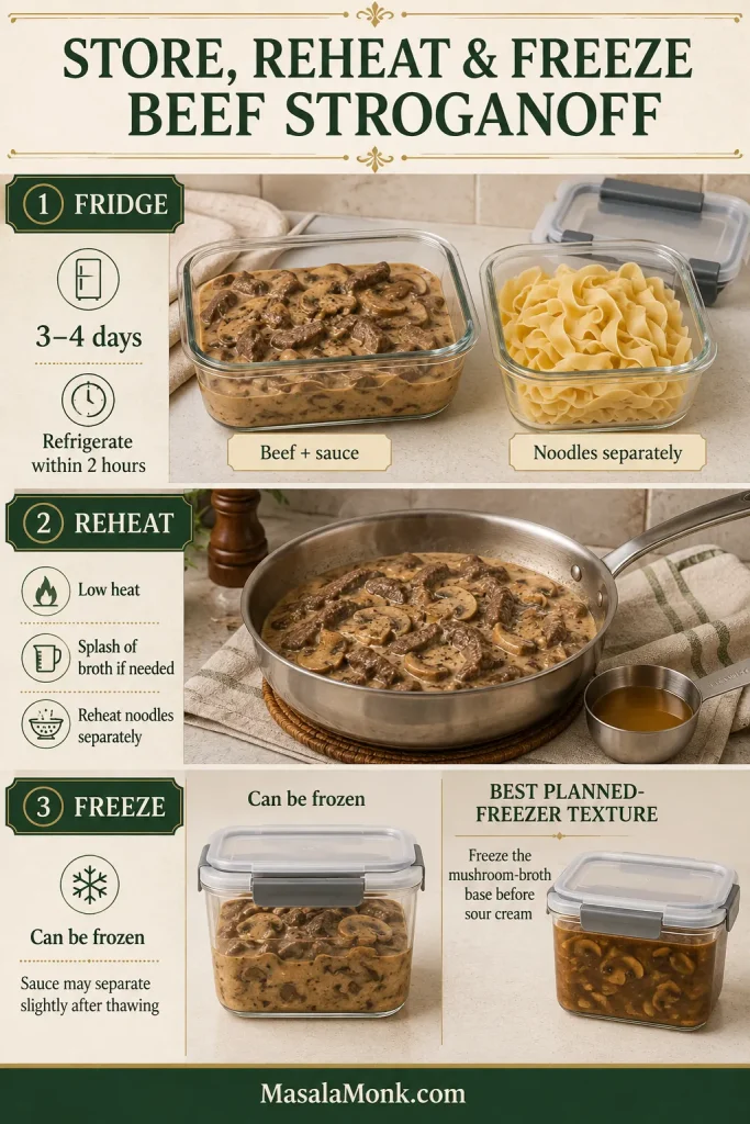Storage guide showing Beef Stroganoff beef and sauce refrigerated separately from egg noodles, gentle skillet reheating with broth, and mushroom-broth sauce base frozen before sour cream.
