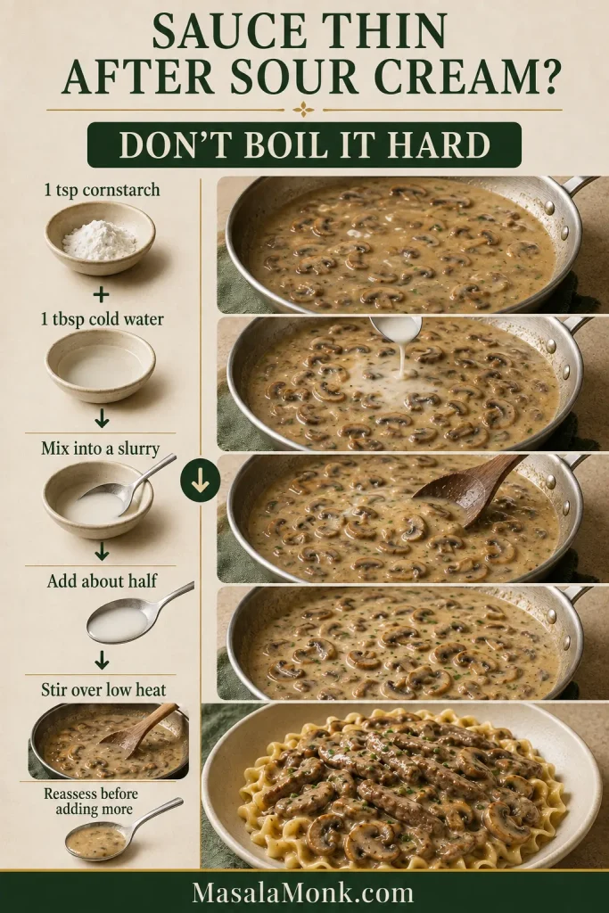 Step-by-step sauce rescue showing cornstarch mixed with cold water into a slurry and added gradually to thin Stroganoff sauce over low heat.