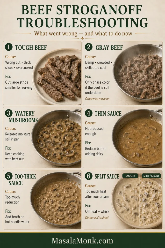 Six-part Beef Stroganoff troubleshooting guide covering tough beef, gray beef, watery mushrooms, thin sauce, overly thick sauce and split sauce with causes and corrective actions.