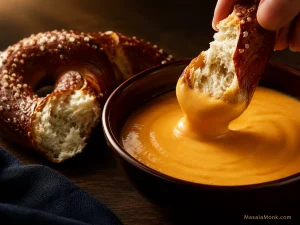 A hand lifts a torn salted soft pretzel from a dark bowl of smooth golden beer cheese, with sauce coating the crust and exposed crumb.