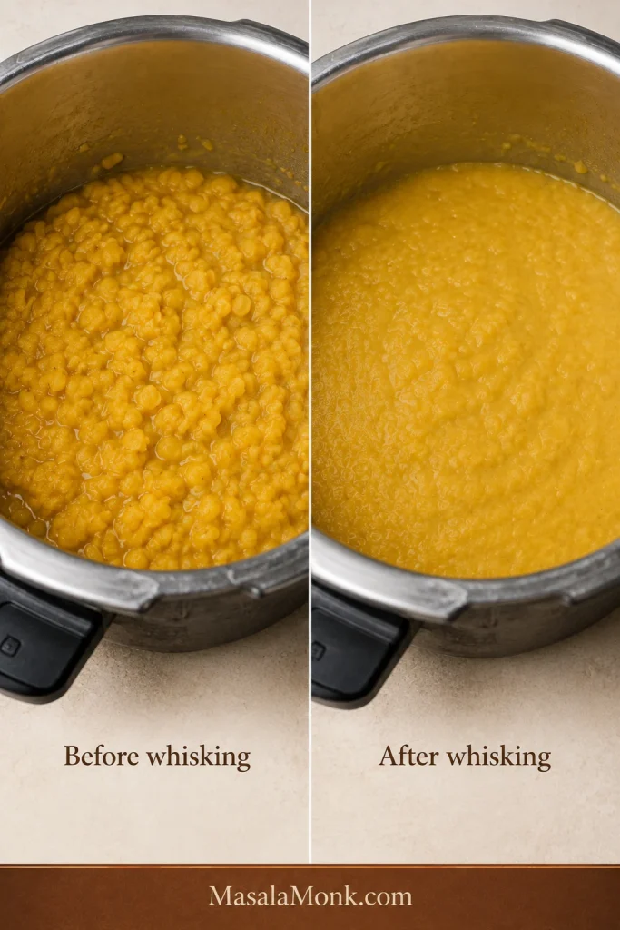 Cooked dal with visible grains beside smoother whisked dal that still retains slight natural texture.