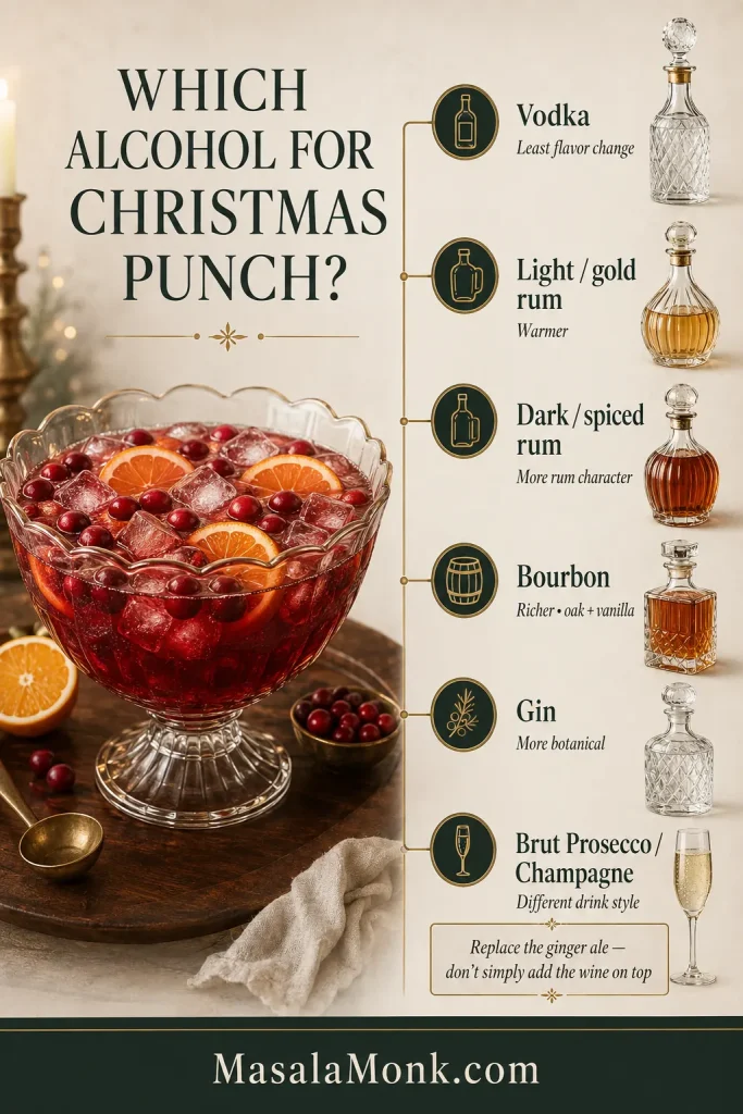 Alcohol guide for Christmas punch comparing vodka, light or gold rum, dark or spiced rum, bourbon, gin and brut Prosecco or Champagne.
