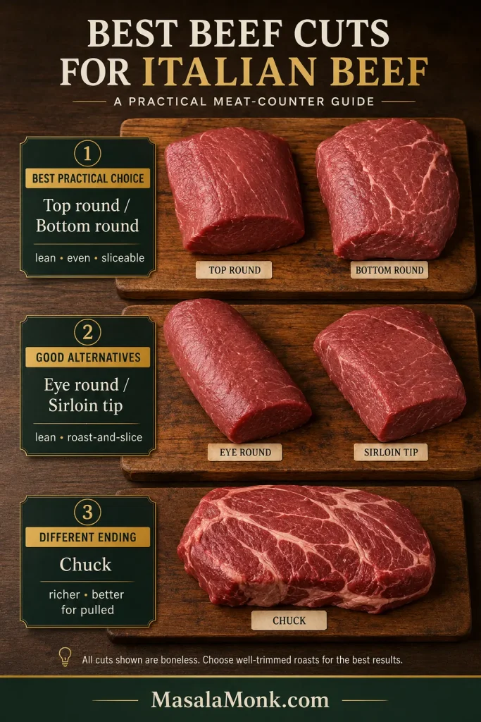 Butcher-style comparison of several beef cuts for Italian beef, including round roasts, sirloin and chuck.