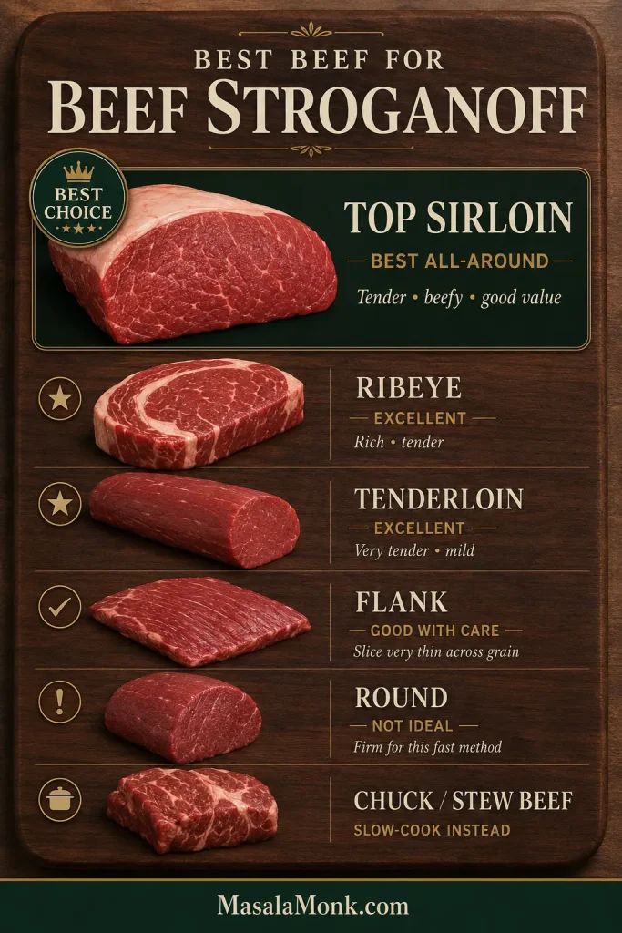 Comparison guide for Beef Stroganoff cuts, with top sirloin presented as the best all-around choice alongside ribeye, tenderloin, flank, round and chuck.