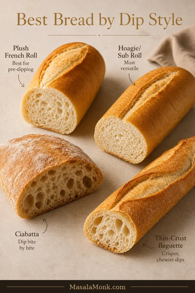 Four breads with cut crumb visible: plush French roll, hoagie roll, ciabatta and thin-crust baguette, labeled for different dipping styles.