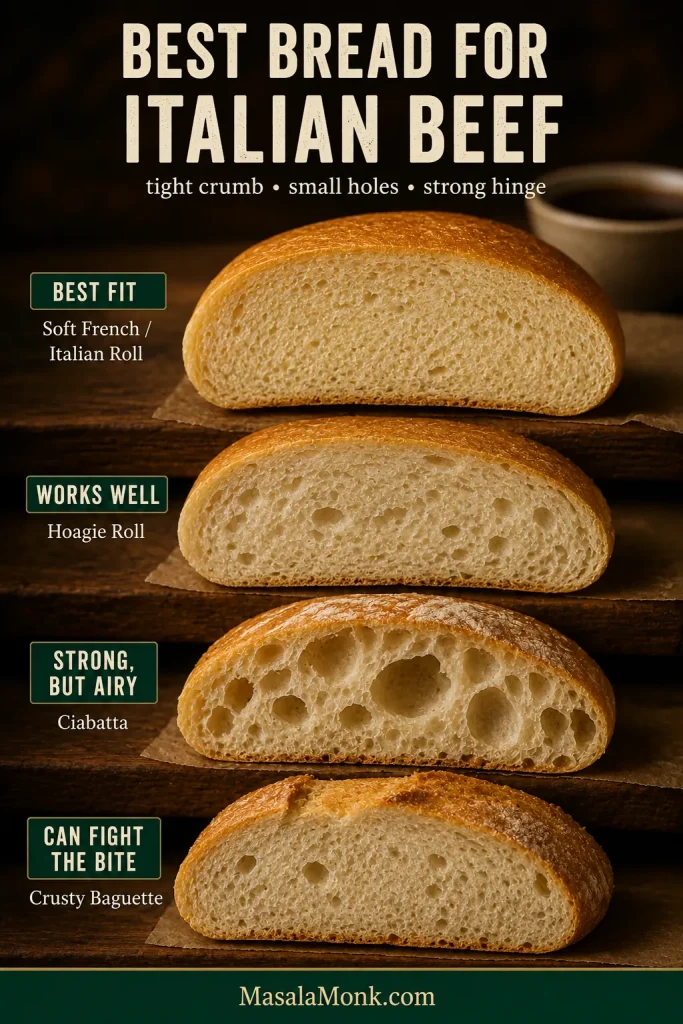 Cross-sections of several rolls compared for Italian beef, showing tight crumb, open crumb and different crust thicknesses.
