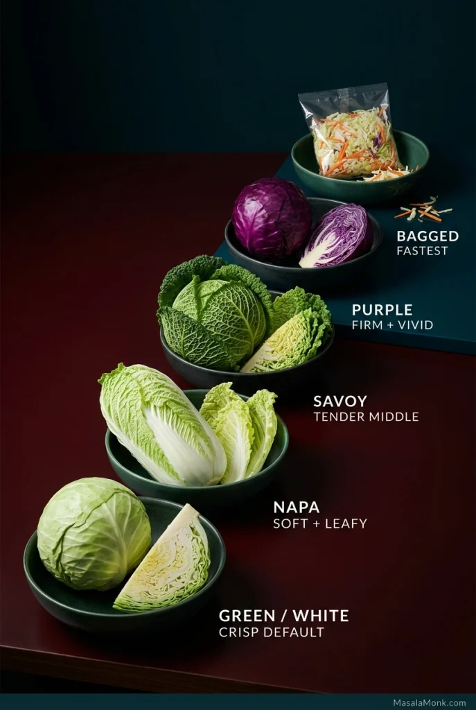 Comparison of green cabbage, Napa cabbage, Savoy cabbage, purple cabbage and bagged slaw, labeled with their texture and use: crisp default, soft and leafy, tender middle, firm and vivid, and fastest.