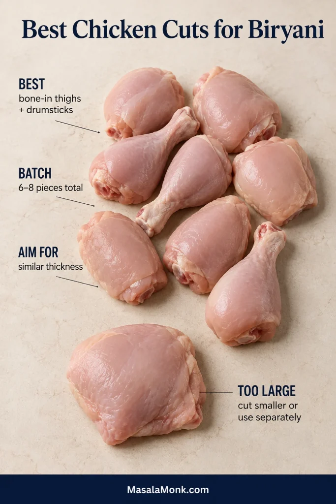 Skinless bone-in thighs and drumsticks arranged by similar thickness, with one oversized piece marked for cutting smaller or using separately.