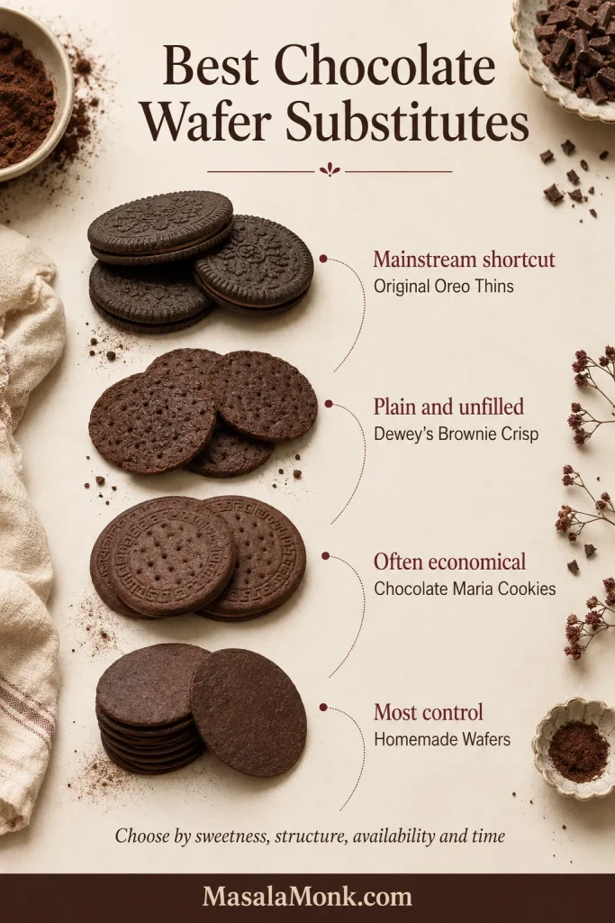 Four chocolate wafer substitute options arranged vertically: thin sandwich cookies, plain brownie crisps, chocolate Maria cookies, and homemade wafers.