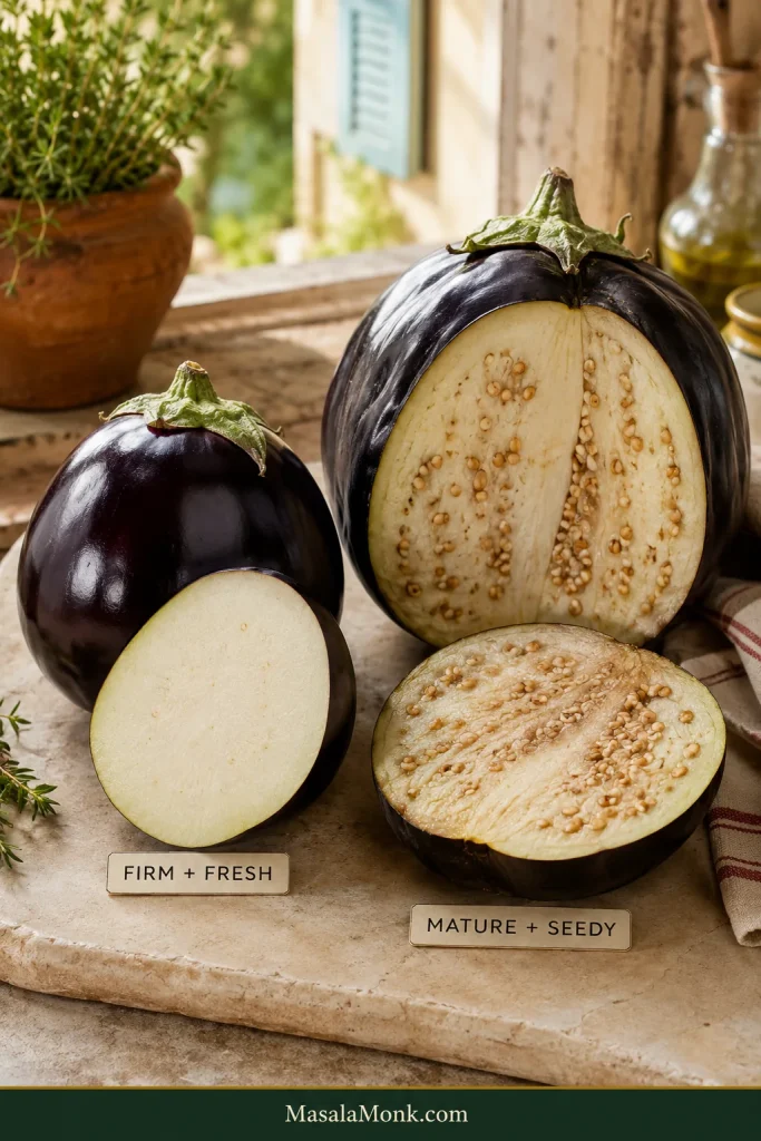 Fresh firm dark-purple eggplant with compact pale flesh beside a more mature eggplant with numerous developed seeds and a wetter interior.