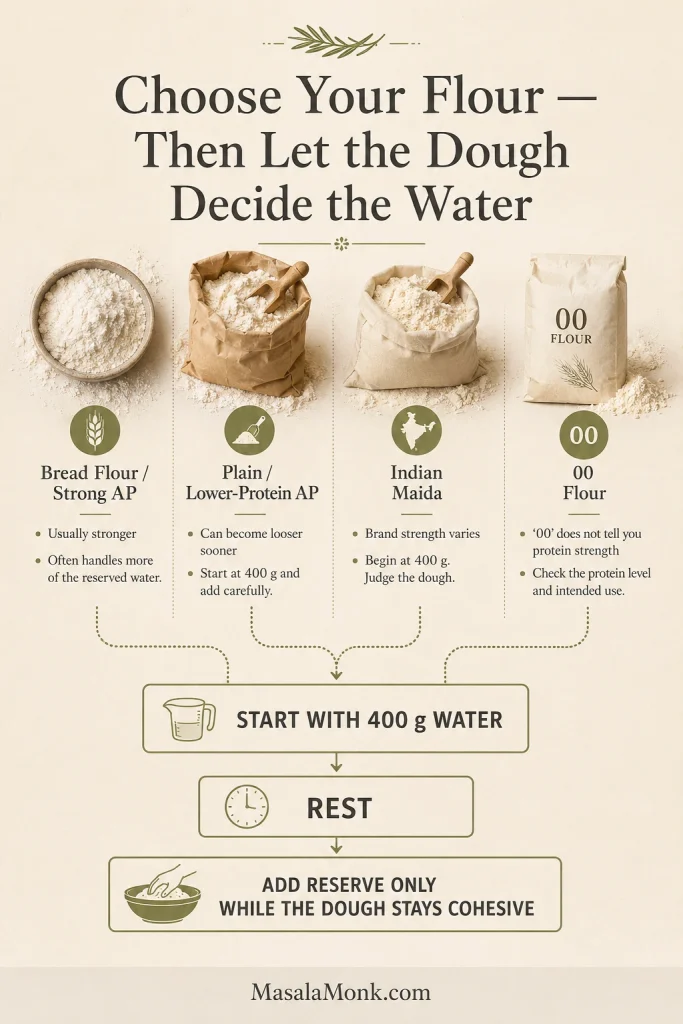Flour guide comparing bread flour, all-purpose flour, Indian maida and 00 flour with a shared water-adjustment method.