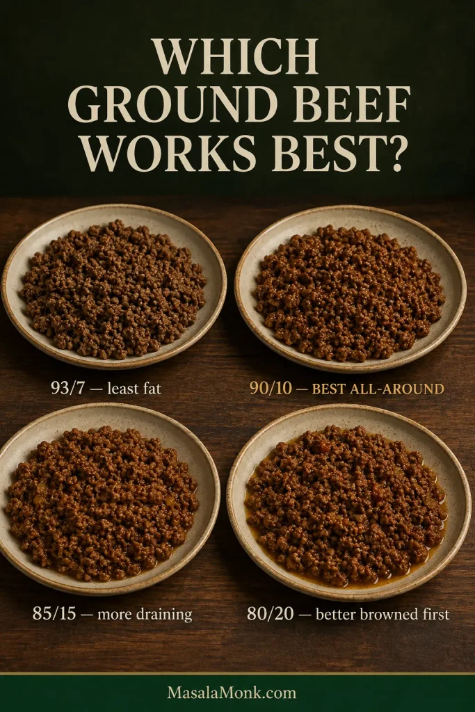 Four bowls of cooked taco meat labeled 93/7, 90/10, 85/15 and 80/20, showing progressively more visible rendered fat as the beef becomes fattier.