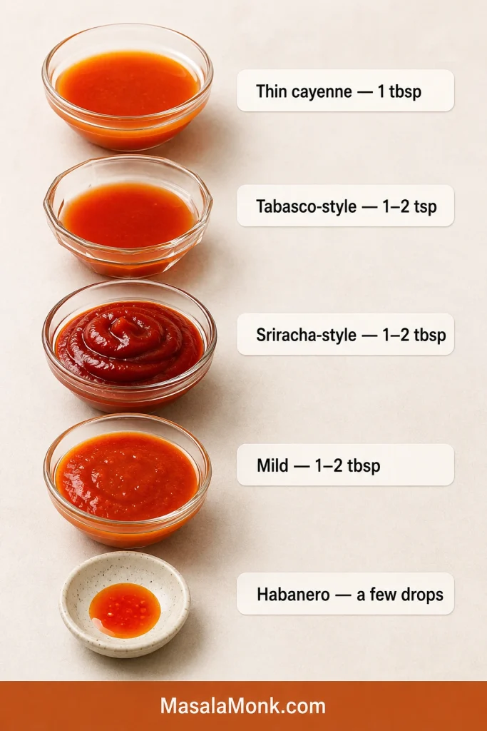 Five unbranded hot sauce styles with visibly different thicknesses and suggested starting amounts, from thin cayenne sauce to concentrated habanero sauce.