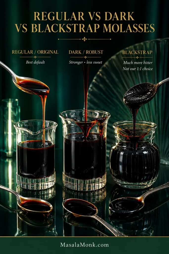 Regular, dark and blackstrap molasses shown side by side in glass containers with spoons displaying their different colors.