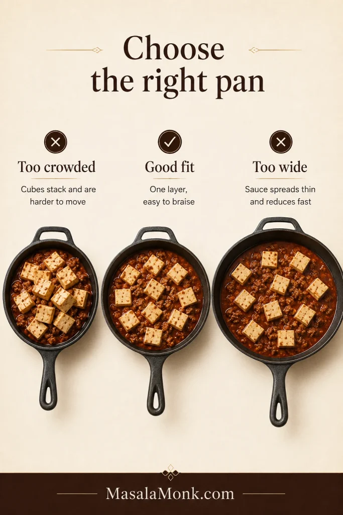 Three-pan comparison showing a good fit with tofu in one layer, a crowded small pan with stacked cubes and an oversized pan with sauce spread too thin.