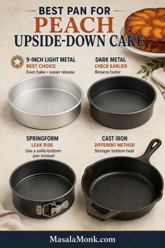 Four empty baking pans compared on a light surface: a 9-inch light-metal round pan marked as the best choice, a dark metal pan, a springform pan and a cast-iron skillet.