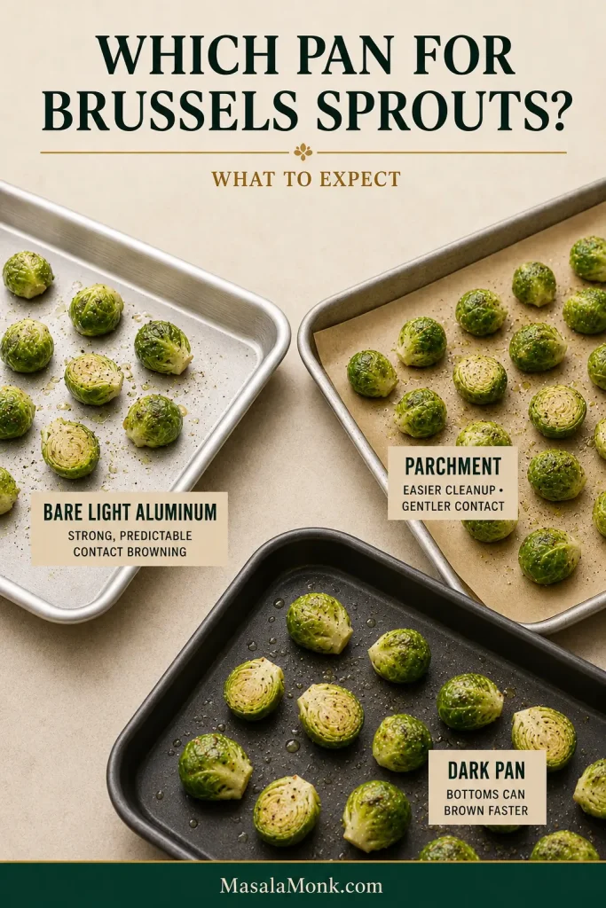 Brussels sprouts shown on three roasting surfaces: bare light aluminum, parchment paper and a clean dark metal baking pan.
