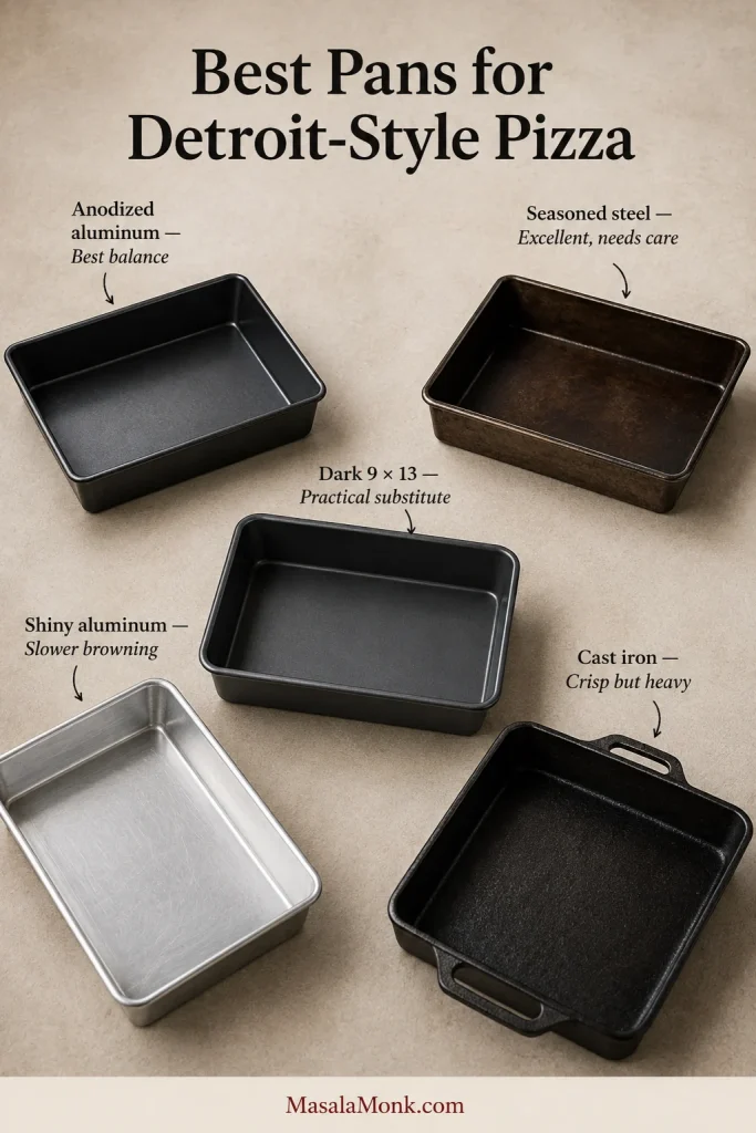 Dark anodized aluminum, seasoned steel, dark metal, shiny aluminum, and cast-iron pans compared for Detroit-style pizza.