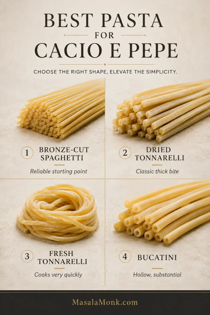 Four-part pasta comparison showing bronze-cut spaghetti, thick dried tonnarelli, a nest of fresh tonnarelli and hollow bucatini, each labeled by pasta type.