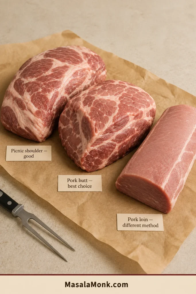 Boneless pork butt, picnic shoulder and lean pork loin displayed together with labels comparing their suitability for carnitas.