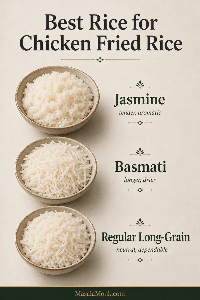 Comparison of cooked jasmine, basmati and regular long-grain white rice, showing differences in grain length, plumpness and separation.