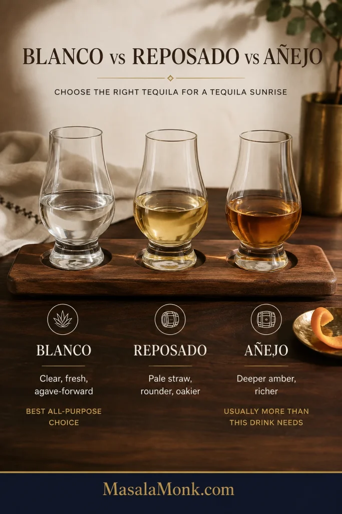 Blanco, reposado and añejo tequila samples progress from clear to pale gold to amber beside a Tequila Sunrise.