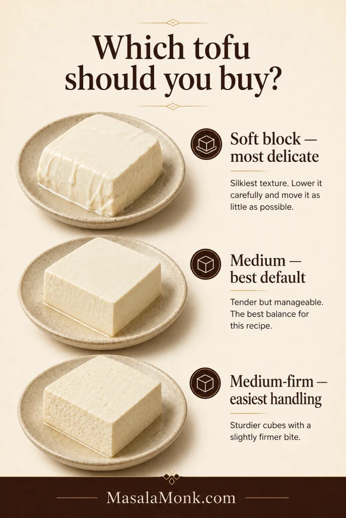 Three-column guide comparing soft block tofu as most delicate, medium tofu as the best default and medium-firm tofu as easiest to handle.