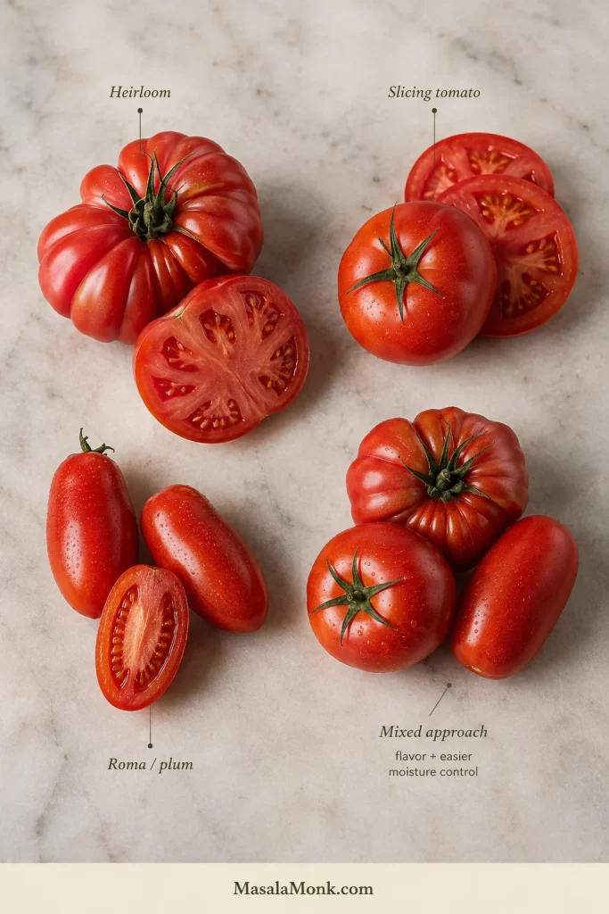 Four groups compare heirloom tomatoes, round slicing tomatoes, Roma or plum tomatoes, and a mixed combination of those tomato types.