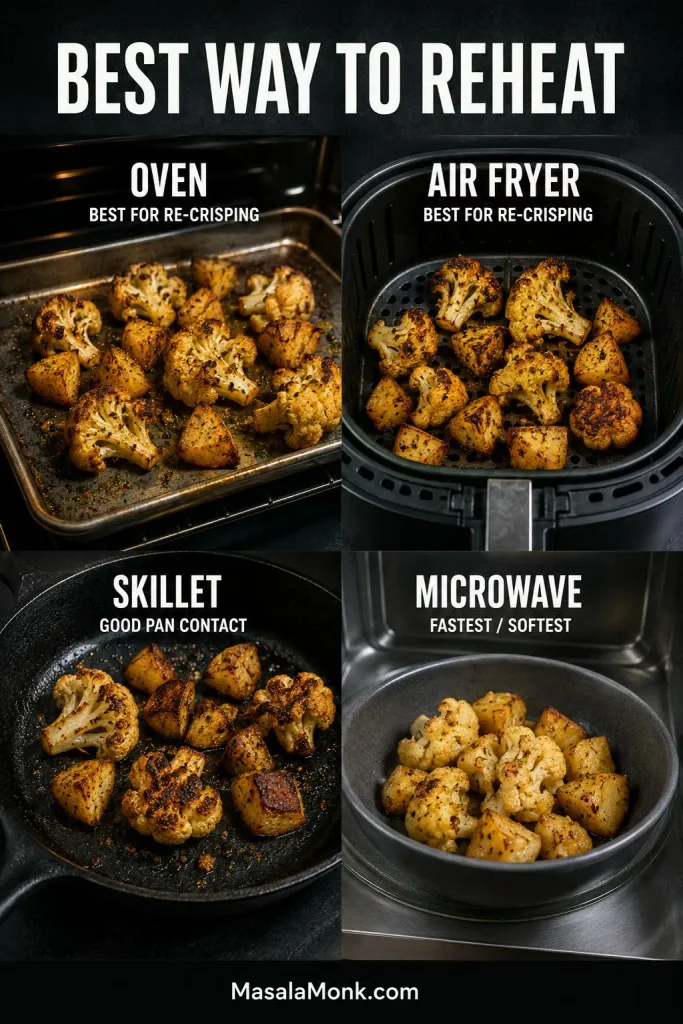 Four reheating options for roasted cauliflower and potatoes: oven, air fryer, skillet and microwave, with crisp and softer finished textures.