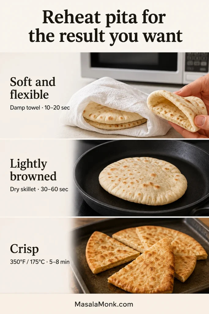 Three reheating methods showing pita softened under a damp towel, browned in a skillet and baked into crisp wedges.