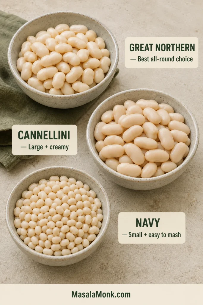 Great Northern, cannellini and navy beans in separate bowls, showing their different cooked sizes and shapes.