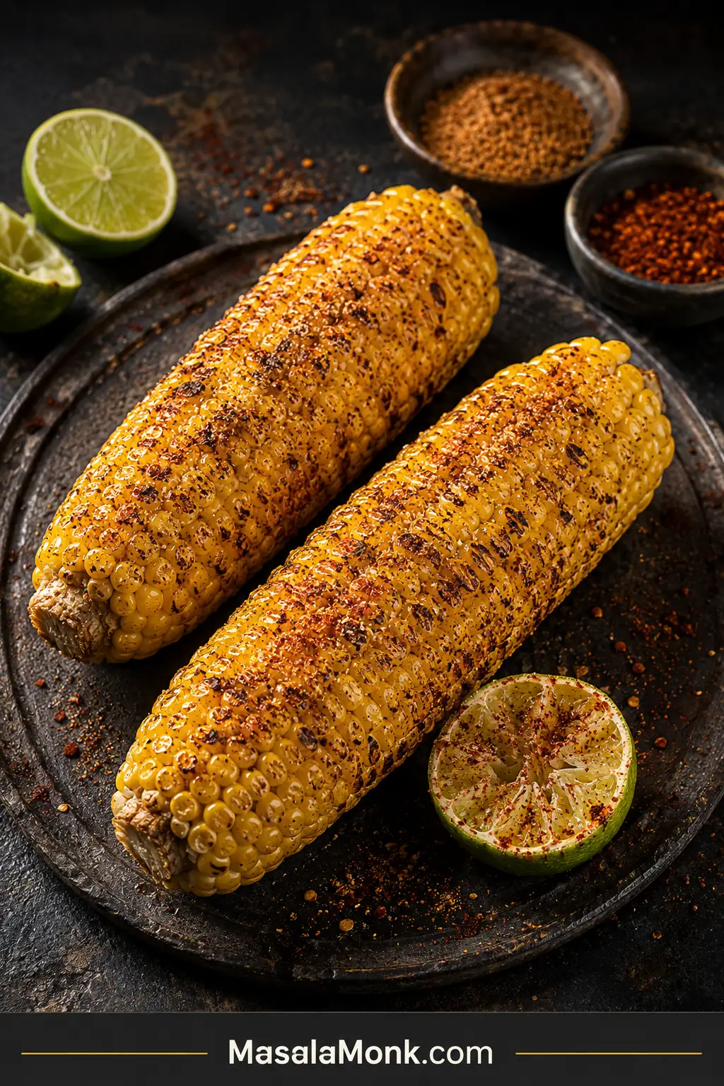 Two spice-rubbed air-fried corn ears on a dark platter with roasted patches, cut lime, chaat masala and red chilli powder.