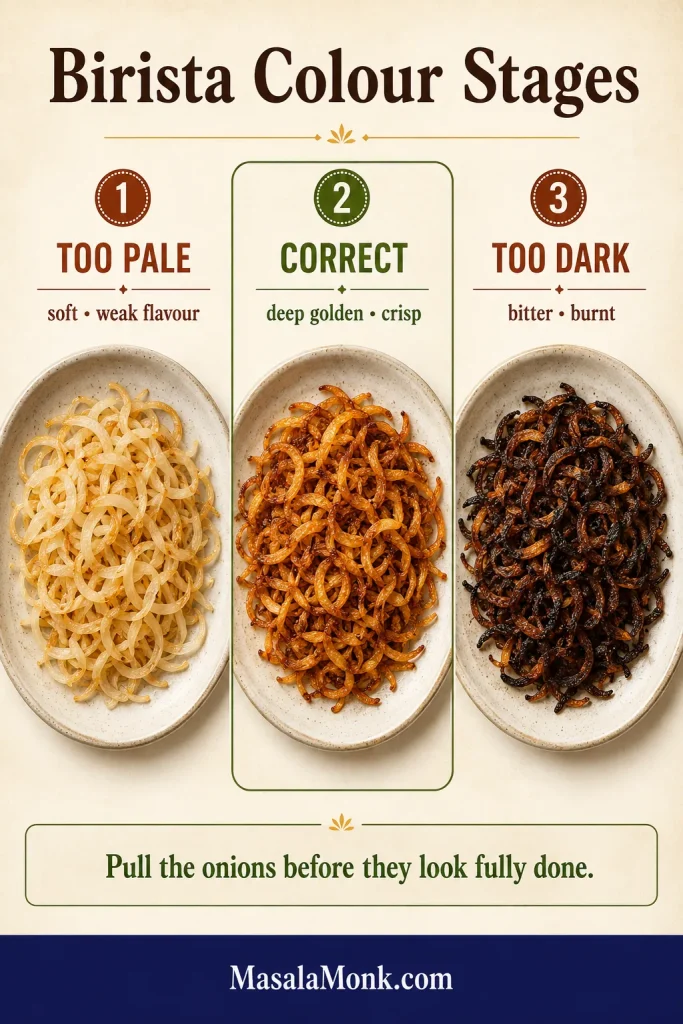 Three matched dishes comparing pale soft onions, crisp deep-golden birista and overly dark burnt onions.