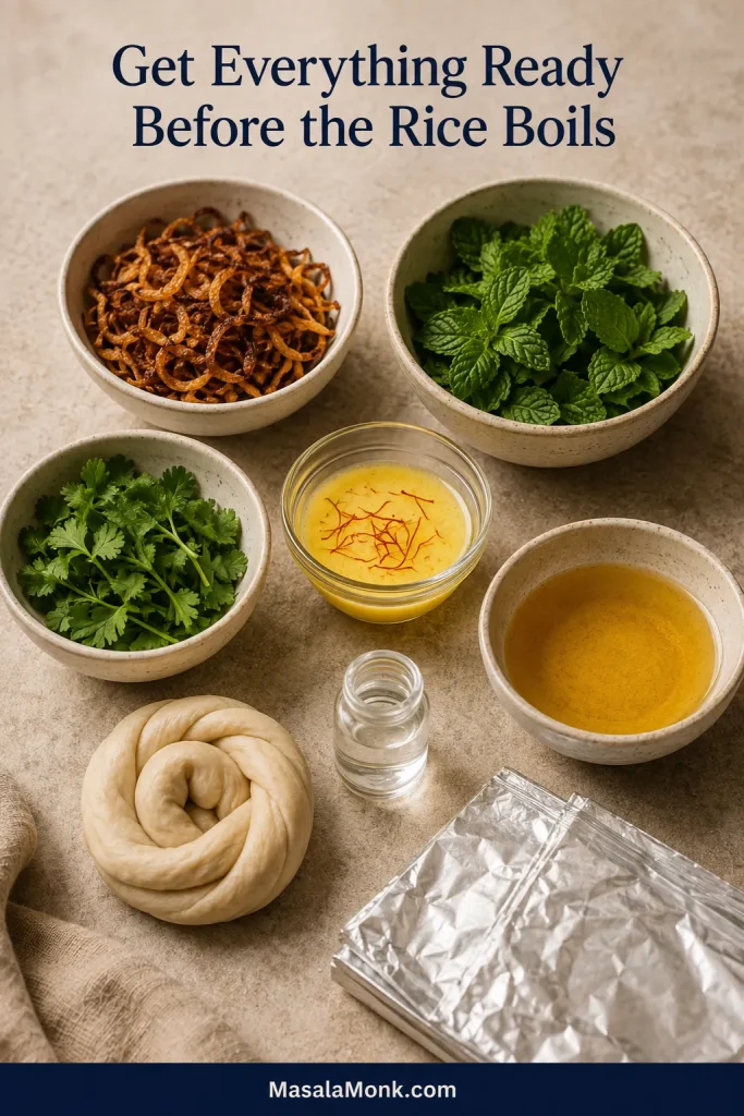 Prepared saffron milk, melted ghee, fried onions, mint, coriander, aromatic water and sealing materials arranged beside the cooking pot.
